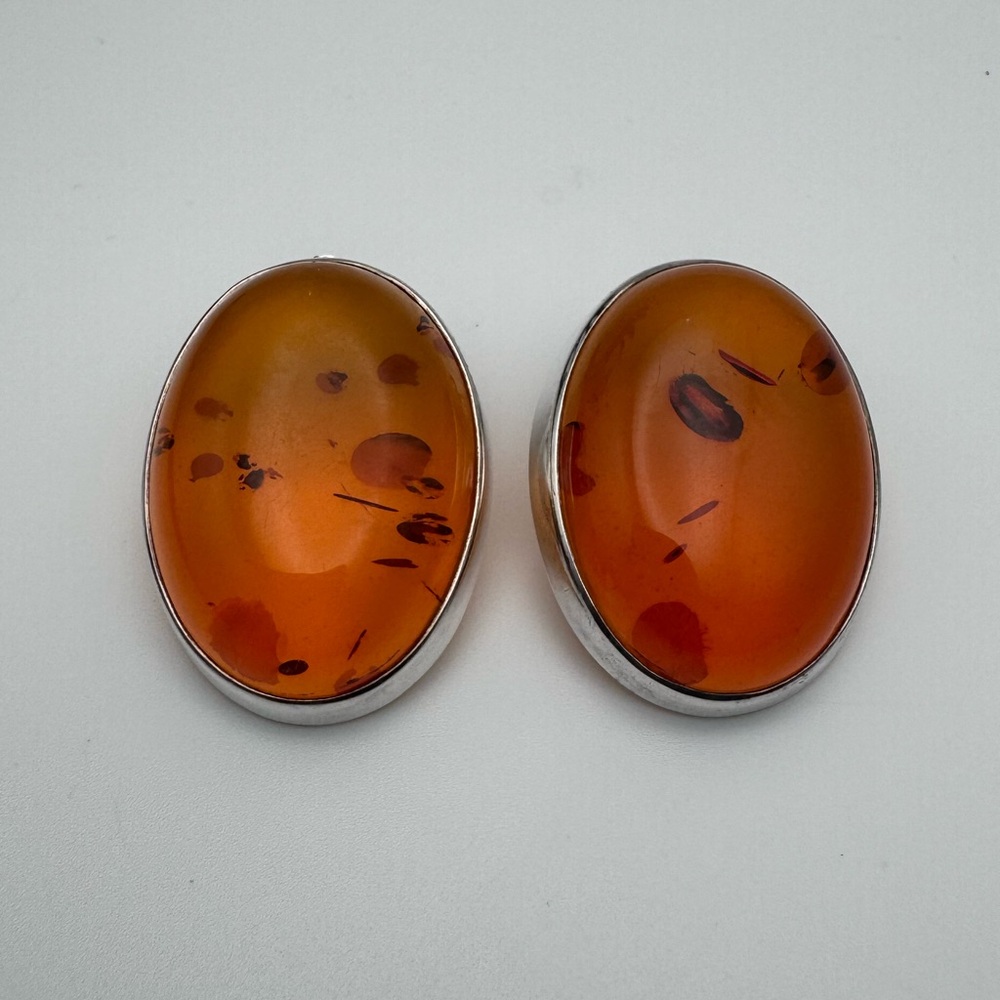 Vintage Sterling Silver 925 Large Oval Amber Gemstone Earrings